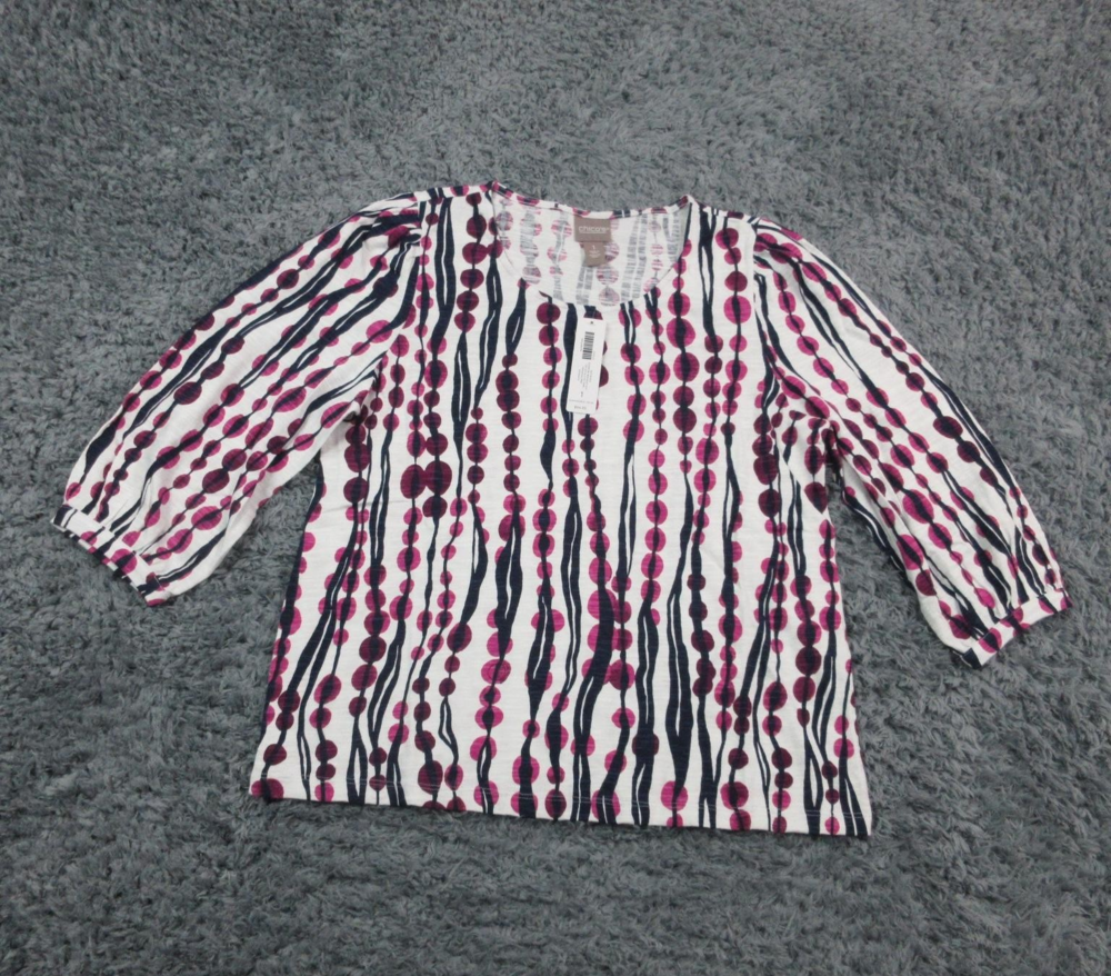 Chicos Shirt Womens 1 Small US8 White Pink Navy Sea Beads Scoop Neck NWT